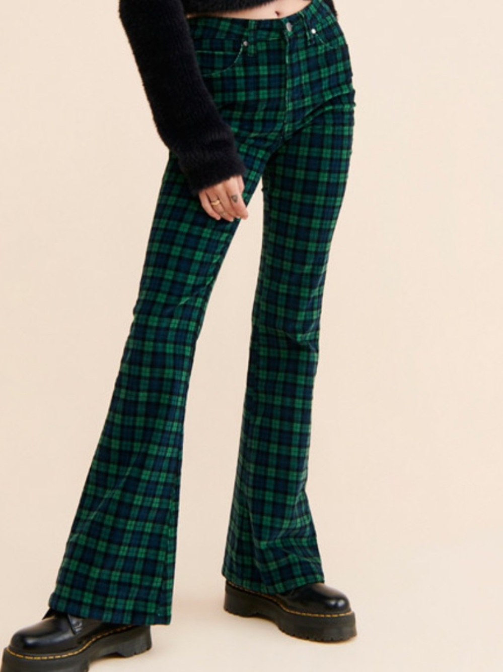 Green Plaid Corduroy Flare Pants